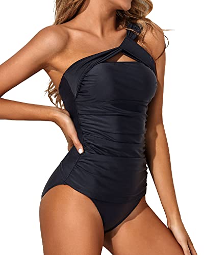 Tempt Me Black Two Piece Tankini Bathing Suits for Women One Shoulder Swim Top with Shorts Swimsuits S