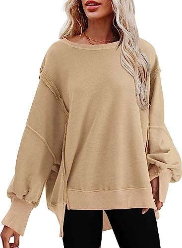 SHEWIN Womens Sweatshirts Long Sleeve Round Neck Soft Baggy Curved Hem Tops Lightweight Sweatshirts for Women Fall Cute Tops Loose Fit Flowy Crewneck Plain Tshirts for Leggings Khaki X-Large
