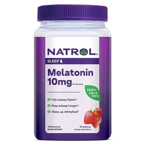 Natrol 10mg Melatonin Gummies, Sleep Support for Adults, Melatonin Supplements for Sleeping, 140 Strawberry-Flavored Gummies, 70 Day Supply