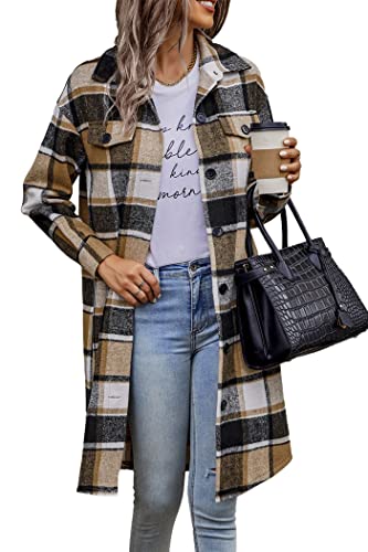 PRETTYGARDEN Women's Plaid Shacket 2023 Long Sleeve Button Up Flannel Shirt Winter Tartan Jacket Woolen Coats (Khaki,X-Large)
