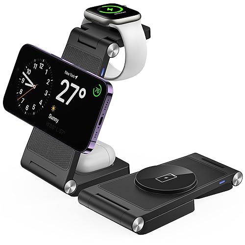 GEJIUCAI Magnetic Wireless Charger Stand, 3 in 1 Foldable Wireless Charging Station, Travel Charger for Multiple Devices for iPhone 15 14 13 12 Series, Apple Watch Ultra/SE/9/8/7/6/5/4/3/2, AirPods