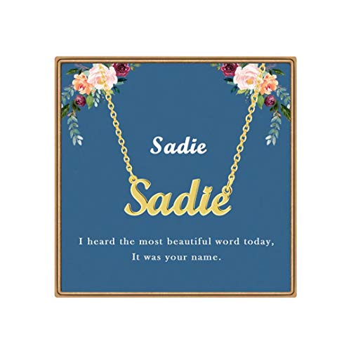Ldurian Name Necklace Personalized | Sadie Name Pendant Necklace Gifts | 14K Gold Plated Dainty Name Necklaces Birthday Jewelry Gift for Teen Girls