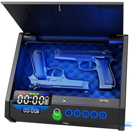 movgul Gun Safe, Biometric Pistol Safe with LCD Display of Time Battery USB Port, Gun Safes for Handgun 3 Ways Quick Access Fingerprint Handgun Safe for Nightstand Car
