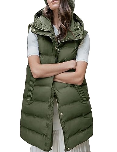 Gihuo Women's Long Puffer Vest Winter Warm Quilted Hooded Zip Up Sleeveless Jacket Vest Gilet (Large, Army green)