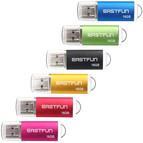 EASTFUN 6 Pack 16GB USB 2.0 Flash Drive Memory Stick Thumb Drive Thumb Stick Jump Drive Zip Drive Pen Drive, with LED Indicator,6 Pcs Mix Colors:Rose/Red/Gold/Black/Green/Blue