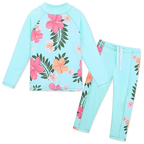 TFJH E Swimsuits for Girls Long Sleeve 2-Piece Rashguard Sunsuits Cyan Flower 12A