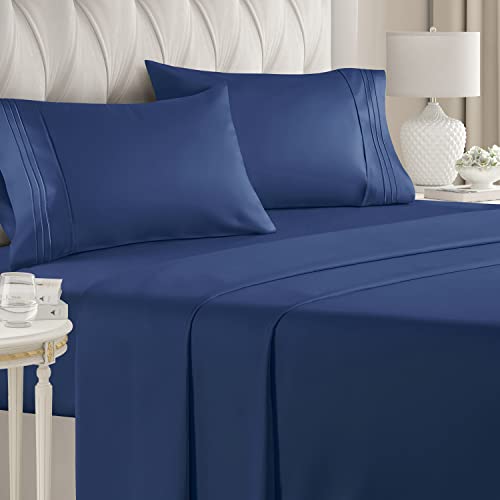 Queen Size 4 Piece Sheet Set - Comfy Breathable & Cooling Sheets - Hotel Luxury Bed Sheets for Women & Men - Deep Pockets, Easy-Fit, Soft & Wrinkle Free Sheets - Navy Blue Oeko-Tex Bed Sheet Set