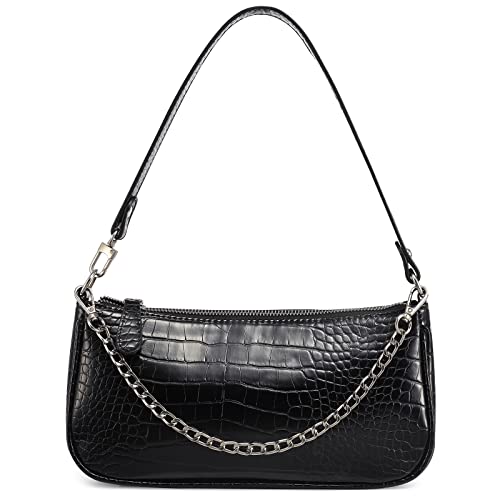 Loiral Shoulder Bags for Women, Retro Classic Tote HandBag Crocodile Pattern Clutch Mini Purse with Zipper Closure, Black