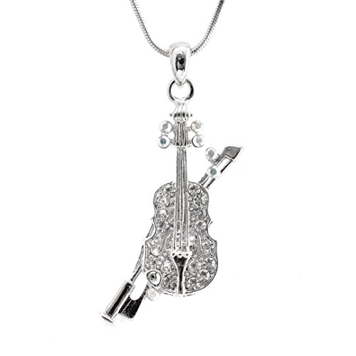 Spinningdaisy Silver Plated Crystal Miniature Viola with Bow Necklace