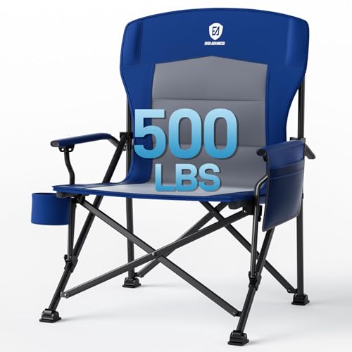 EVER ADVANCED Oversized Folding Camping Chair, for Adults Heavy Duty Lawn Chair with Side Pockets, Portable Collapsible Quad Chair for Outside, Support Up to 500lbs, Blue