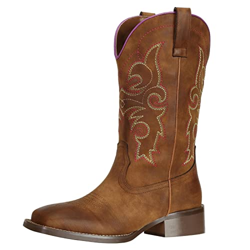 SheSole Women's Cowboy Cowgirl Boots Western Wide Square Toe Mid Calf Boots Brown US 11