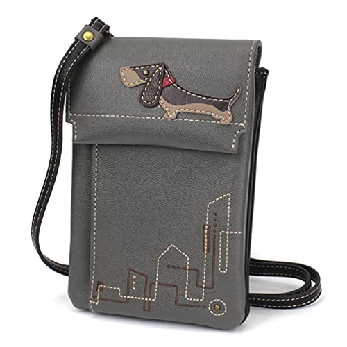 CHALA RFID Cell Phone Purse - Women Nylon/Faux Leather Xbody Handbag with Adjustable Strap - Wiener Dog - Gray