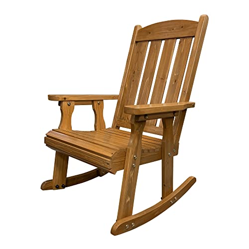 Wooden Rocking Chair with Comfortable Backrest Inclination, High Backrest and Deep Contoured Seat, Solid Fir Wood, Heavy Duty 600 LBS, for Both Outdoor and Indoor, Backyard, Porch and Patio