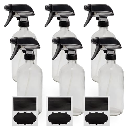 Cornucopia Brands 16-Ounce Clear Glass Spray Bottles w/Heavy Duty Sprayers (6-Pack); 3-Setting Spray Tops w/Boston Round Bottles & Chalk Labels
