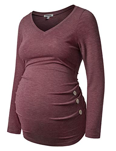 GINKANA Maternity Shirt Casual Long Sleeve Buttons Tunic T Shirt Blouse Tops,Maroon,L