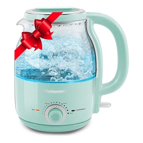 Elite Gourmet EKT1220M 1.2L Electric BPA-Free 1200W Glass Kettle, Temperature Dial Keep Warm Function, Cordless 360° Base, Blue LED Interior, Auto Shut-Off Function – Quick Boil, Mint