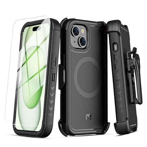 MYBAT PRO Maverick Series iPhone 15 Plus Case with Belt Clip Holster,[Compatible with Magsafe] w/Screen Protector,Anti-Drop,Shockproof,with 360°Rotating Kickstand,Heavy Duty Protection Black