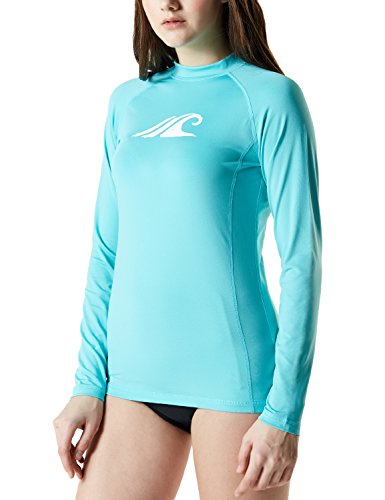 TSLA Women's Long Sleeve Rash Guard, UPF 50+ Water Beach Surf Swim Shirts, UV/Sun Protection Swim Top, Coastal Tide Print Aqua, Large