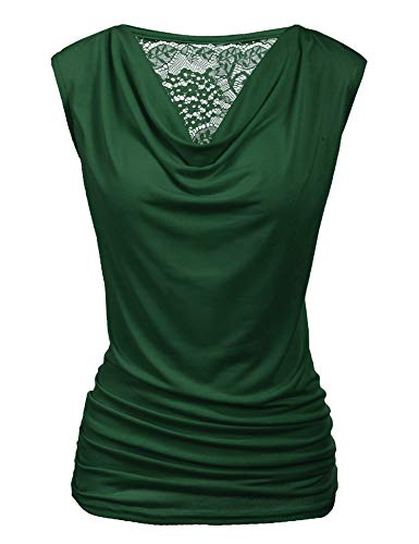 Zeagoo Womens Ruched Cowl Neck Tank Top Shirt Stretch Blouse with Side Shirring, Dark Green, Medium, Sleeveless