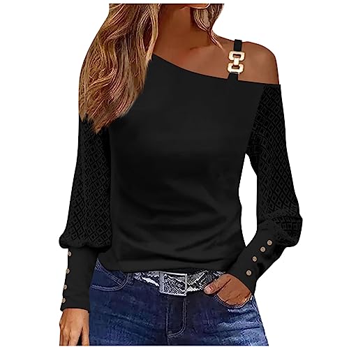 Deals Minute Last Lace Trim Shirts for Women Sexy Elegant V Neck Cold Shoulder Tee Shirt Cute Plus Size Loose fit Tunics Petite Clothes Date Night Holiday Shirt Ladies Winter Blouse(G-Black,Large)