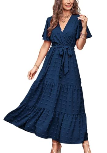 MASCOMODA Dresses for Women 2023 Short Flutter Sleeve Tiered Maxi Dress Swiss Dot Solid V Neck Wedding Guest Dress with Belt(Navy, X-Large)