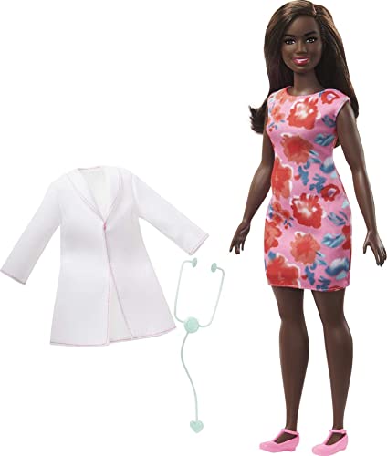 Barbie Doctor Doll (12-in), Brunette Hair, Curvy Shape, Doctor Coat, Print Dress, Stethoscope Accessory, Great Toy For Ages 3 Years Old & Up