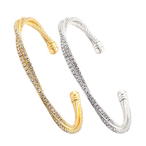 IDesign 2 Pcs Valentine Day Gift Rhinestone Cuff Bracelet Bangle Clear Crystal Bracelet Bangle Lightweight Silver Plated Bracelet Sparkly Cute Bridesmaid Wed (silver & gold)