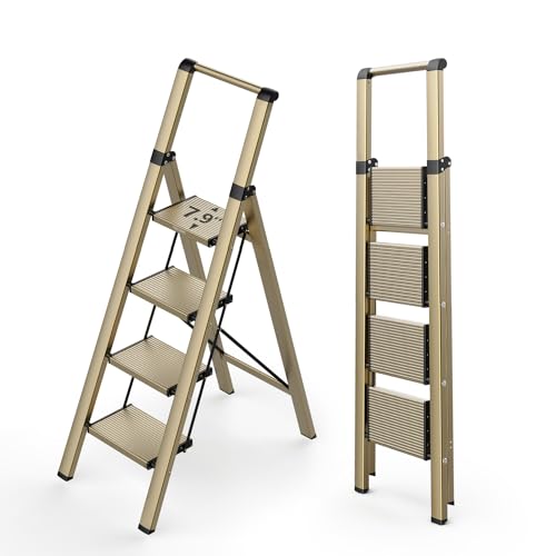 WOA WOA Ladder, Step Ladder 4 Step Folding with Wide Pedals, Lightweight Stepladders for High Closet, Tall Aluminum Ladder with Non-Slip Feet, Indoor Step Ladder Space Save 330lbs - Gold