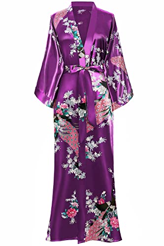 BABEYOND Women's Kimono Robe Long Robes with Peacock and Blossoms Printed Kimono Nightgown