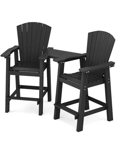 KINGYES Embossed Balcony Chair, Tall Adirondack Chair Set of 2 Outdoor Adirondack Barstools with Connecting Tray, High Airondack Chair with Wood Grain, Black