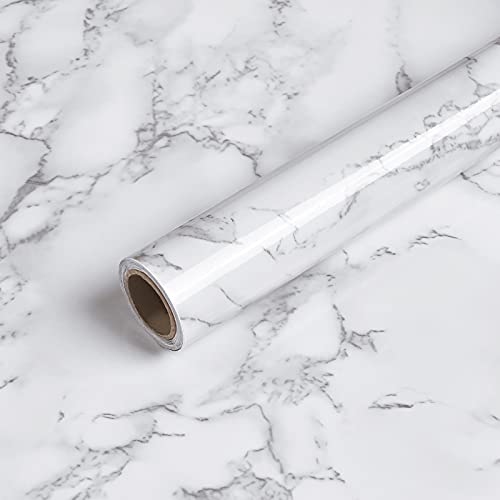 Caltero Marble Contact Paper 15.7' x 118' White Grey Wallpaper Peel and Stick Glossy Marble Self Adhesive Contact Paper for Countertop Kitchen Cabinets Bathroom