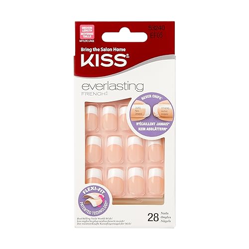 KISS Everlasting Press On Nails, Nail glue included, Infinite', French, Medium Size, Squoval Shape, Includes 28 Nails, 2g Glue, 1 Manicure Stick, 1 Mini file