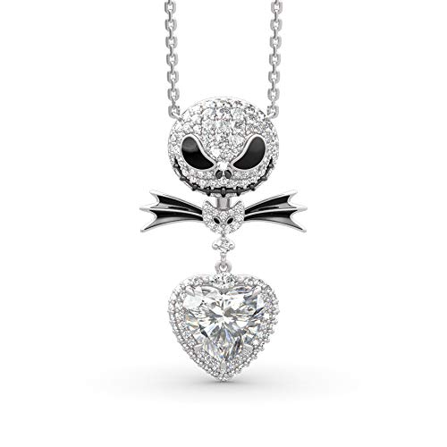 Jeulia 2.5 Carat Nightmare Necklace 925 Sterling Silver Jack and Sally Skull Pendant Necklace Heart Necklace for Women Teen Girls Birde Romantic Jewelry Gift for Her (Silver)