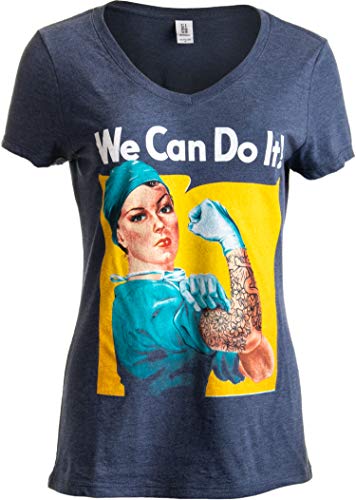 Ann Arbor T-shirt Co. Medical Rosie | Tattoo Doctor Nurse Medicine Cool Feminist V-Neck T-Shirt Women-(Vneck,2XL) Vintage Navy