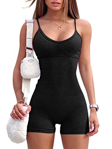 OQQ Women's Yoga Gym Seamless One Piece Spaghetti Strap Jumpsuit Workout Padded Sports Bra Romper Black