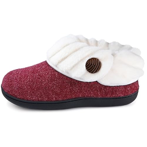 Wishcotton Women's Fuzzy Felt Slippers, Ladies' Closed Back House Shoes with Nonslip Rubber Sole, Wine, Size 8