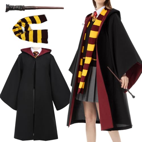 Utaomld Magician Hooded Robes with Scarf Spell Wand for Teens Harry Hermione Ron Cosplay Wizard Cloak Halloween Christmas Witches Carnival Costumes Black Cape Red Lined Medium