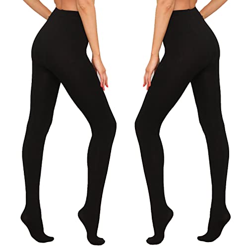 HA WA Black Tights for Women, 2 Pairs Opaque Fleece Lined Tights with Control Top Pantyhose (Black&Black, Small)