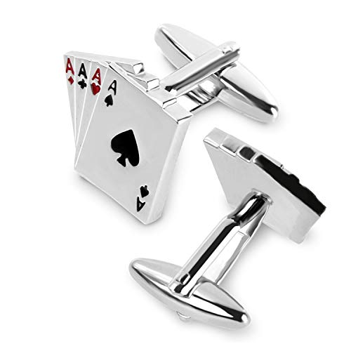 rhungift Brass Cufflinks for Men- Men's Gifts Playing Cards 4A Poker Cuff Button Shirts Silver for Vegas Casino Night Event Wedding Business