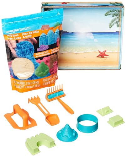 Amazon Basics 3lbs Moldable Sensory Play Sand with Castle Molds and Tool Set, for Kids Ages 3 and Up, Natural Sand