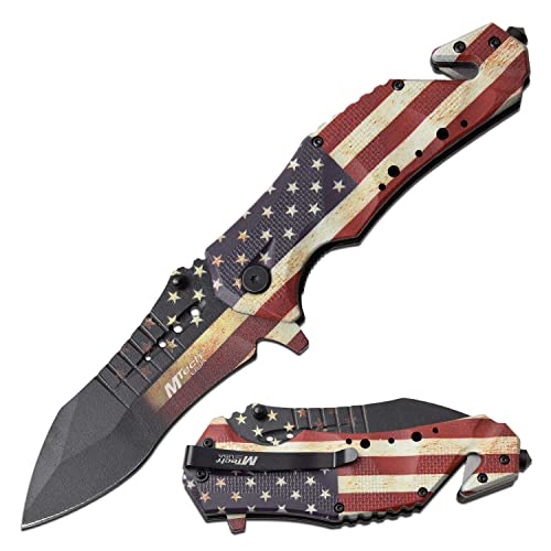 MTech USA – Spring Assisted Folding Knife – Stainless Steel Blade, Aluminum Handle w/ Embossed Flag, Rope Cutter, Glass Punch, Pocket Clip - Hunting, Camping, Survival, Tactical, EDC – MT-A845F