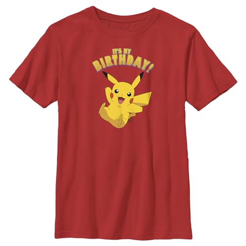 Pokemon Kids Pikka Birthday Party Boys Short Sleeve Tee Shirt, Red, Medium