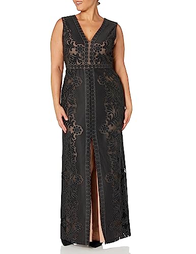 BCBGMAXAZRIA Women's V Neck Sleeveless Long Burnout Lace Column Dress, Black, 8