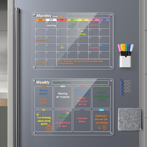 Acrylic Magnetic Calendar for Fridge, 2-Pack Monthly & Weekly Dry Erase Board Planner Noteboard Set for Refrigerator, Glass/Wood Wall, 6 Colors Markers (17'x12')