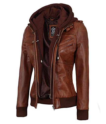 Decrum Brown Leather Jacket Women With Hood - Real Lambskin Leather Bomber Jacket Women| [1315014] Edinburgh Cognc, L