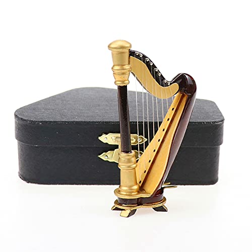 Seawoo Wooden Miniature Harp with Case Mini Musical Instrument Replica Miniature Dollhouse Model Home Decoration (3.54'x1.97'x0.91')