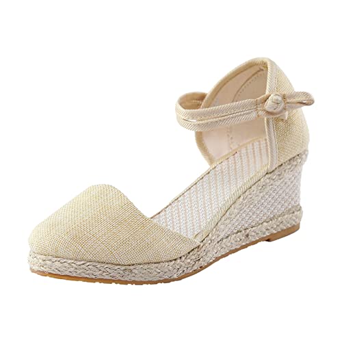 Shengsospp Women's Espadrille Wedge Sandal Open Toe Elastic Ankle Strap Wedge Sandal Soft Bottom Sandals for Indoor and Outdoor 02-Beige, 8