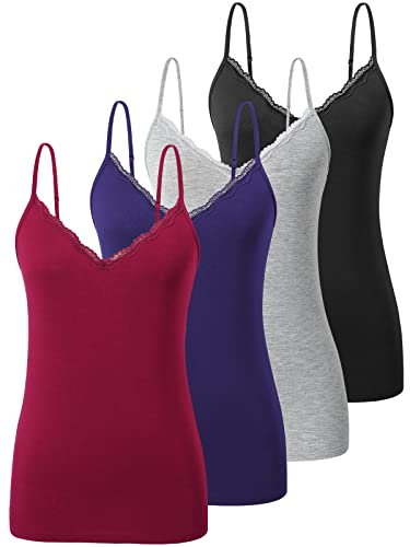 Vislivin Plain Camisole for Women Lace Tank Tops V Neck Adjustable Cami Sexy Undershirts 4 Pack Black/Gray/Dark Blue/Wine Red M