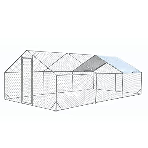 Large Metal Chicken Run Walk-in Poultry Cage Spire-Shaped Chicken Coop with Waterproof and Anti-Ultraviolet Cover for Outside,Backyard and Farm,19.6' L x 9.8' W x 6.4' H