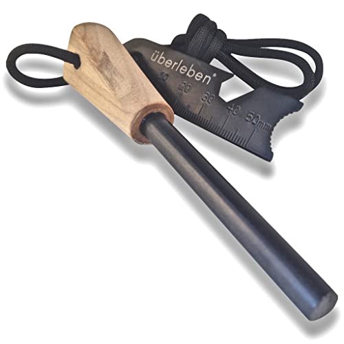 Überleben Zünden Fire Starter - The Trad - Traditional Ferro Rod with Handcrafted Wood Handle - 5/16' Thick Fire Steel with 12,000 Strikes - Survival Igniter with Neck Lanyard & Multi-Tool Striker